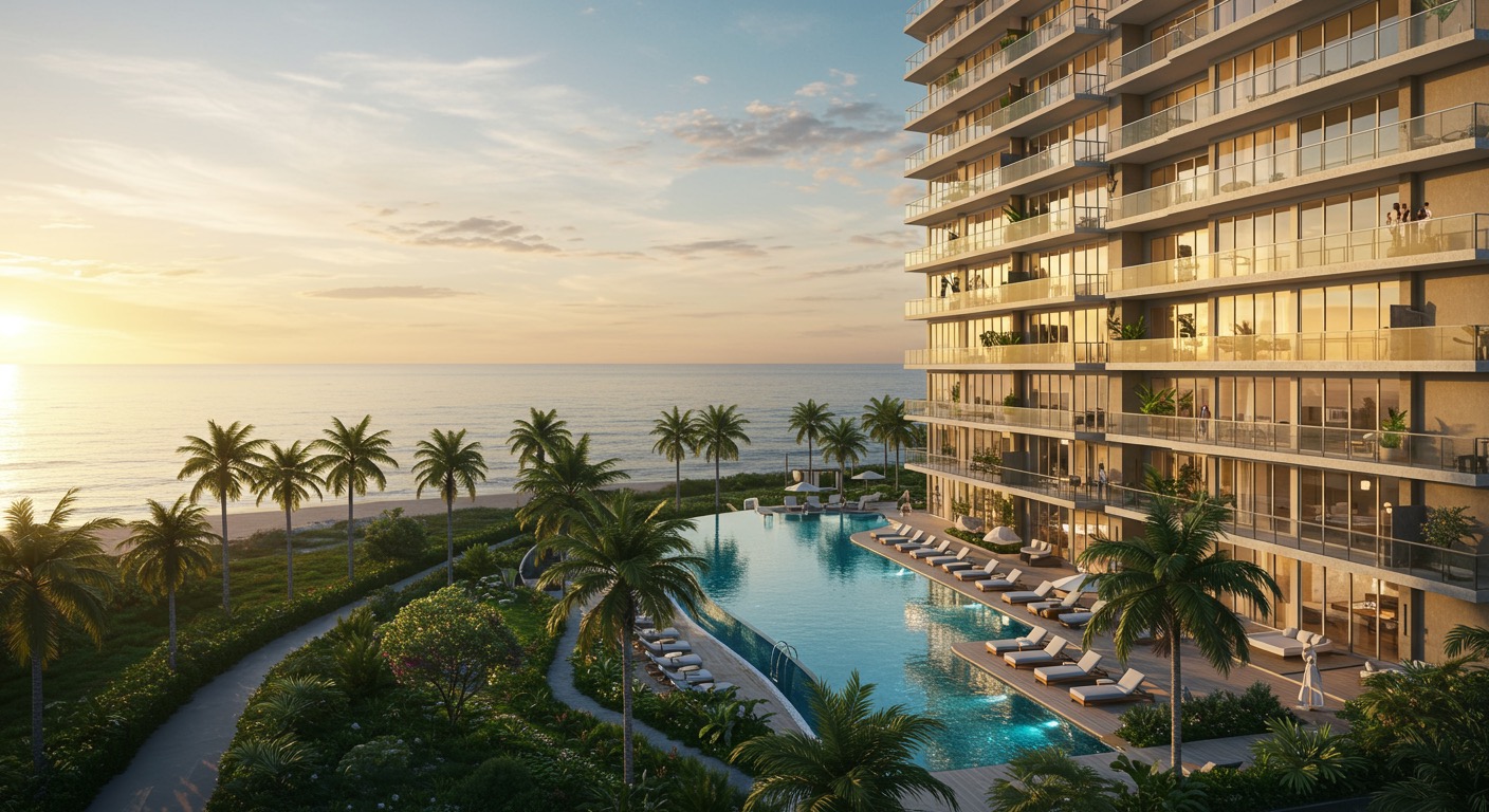 Oceanfront pool at sunset at Rosewood Residences Miami Beach